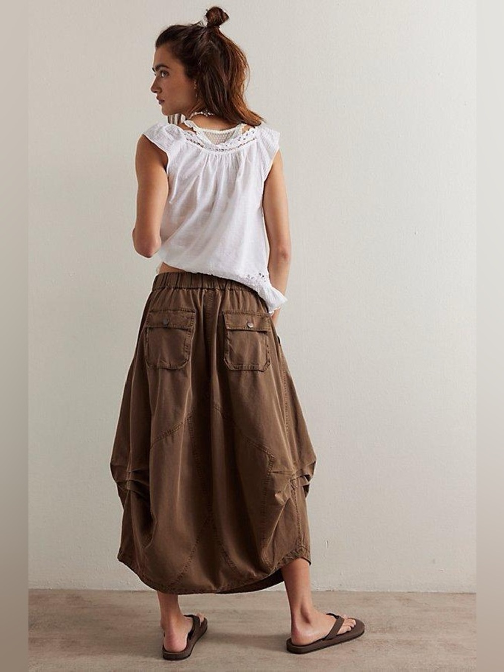 Free People Willow Poplin Midi Maxi Skirt Brown Utility Boho Parachute - Picture 3 of 14
